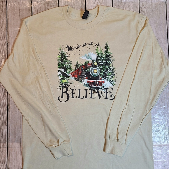 BELIEVE Christmas Long Sleeve Shirt – Santa Sleigh & Red Train Graphic – Cozy - Picture 5 of 16